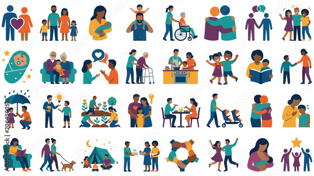 Fototapeta premium Collection of flat vector icons showing family relationships and emotions.