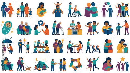 Tableau sur toile Collection of flat vector icons showing family relationships and emotions