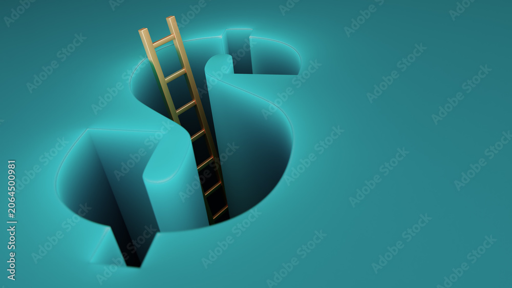 Fototapeta premium Golden Ladder Leading Into Dollar Sign Hole Symbolizing Financial Risk, Debt, Investment and Opportunity