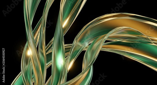 Entwined green and gold translucent 3D glass ribbons.