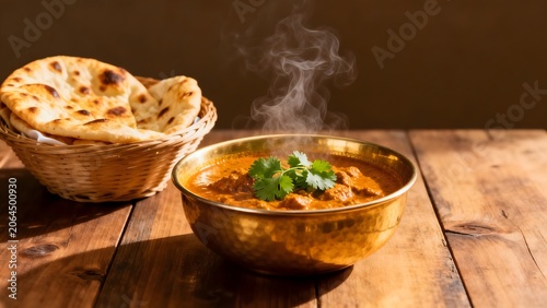Steaming curry with naan bread