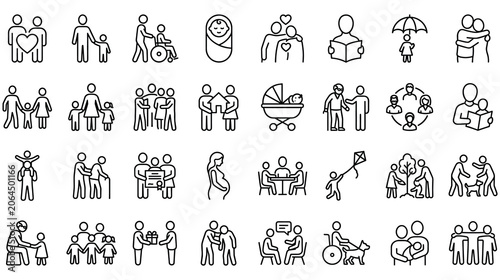 Schilderij op canvas Set of family and people outline icons, collection of relationship symbols