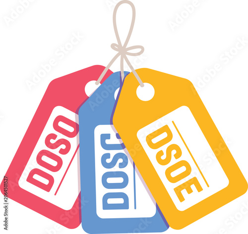 Three colorful tags with text on white background labels