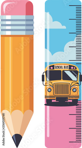 Yellow school bus and pencil with ruler education back to school