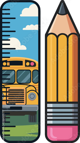 Yellow school bus and pencil with ruler yellow bus education