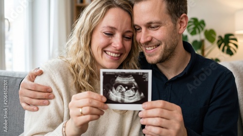 Happy young couple smiling and embracing while holding an ultrasound baby scan photo in a bright cozy living room, symbolizing pregnancy announcement, expecting parents, and family love.