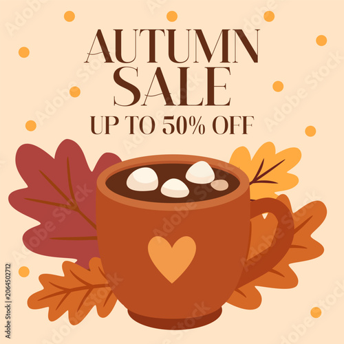 Autumn Sale With Coffee Cup Featuring Marshmallows and Colorful Leaves on a S...
