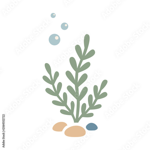 Aquatic Plant Growing on a Bed of Stones With Bubbles Rising in a Clear Space