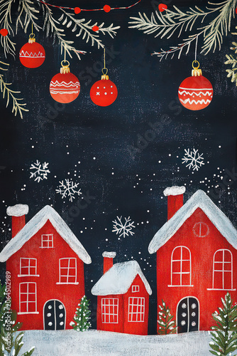 Winter postcard with watercolor houses and snowflakes on the background of a blackboard