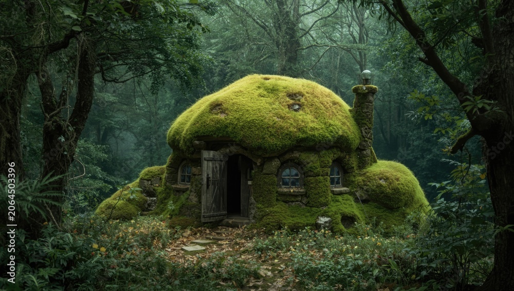 Naklejka premium Illustration of a quaint moss dwelling set in an enchanted forest