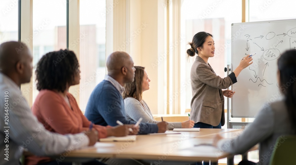 Fototapeta premium Professional Asian woman presenting strategic flowchart on a whiteboard to a diverse corporate business group sitting at a wooden conference table in a bright, modern, warm sunlit office.