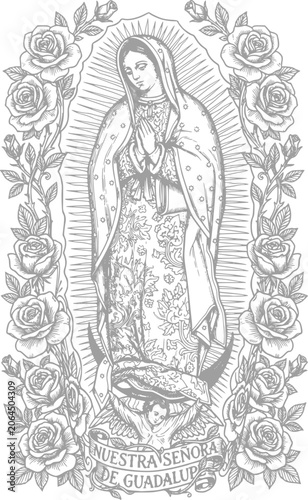 Virgin Mary Our Lady of Guadalupe tattoo art, catholic design art for t shirt, sticker, print and apparel