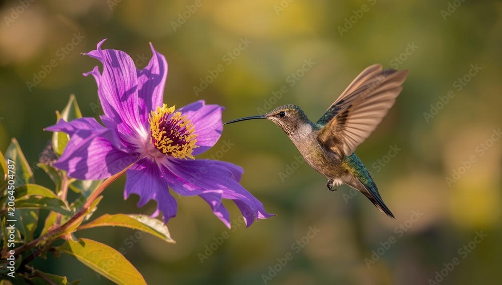 Fototapeta premium Vibrant hummingbird fluttering near a striking purple garden blossom