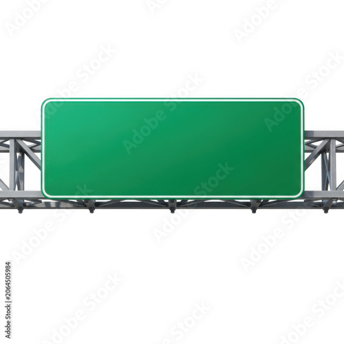 Blank green highway road sign on metal structure isolated on transparent background