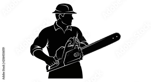 фотографія Lumberjack holding chainsaw black silhouette against white background woodsman c