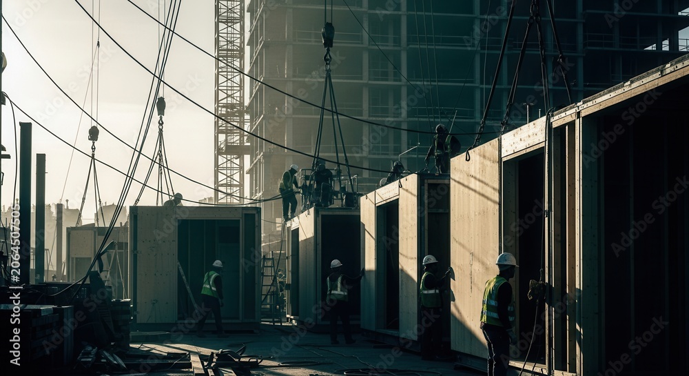 Naklejka premium Construction Site With Cranes Lifting Prefabricated Building Modules