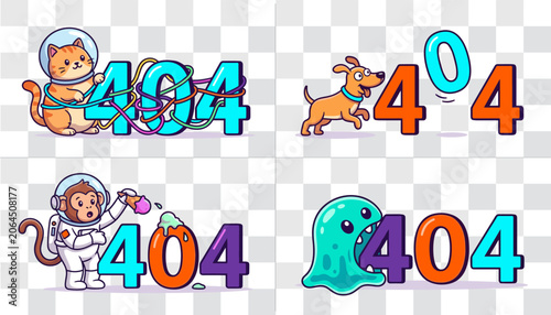 Photography Set of funny cartoon 404 error page illustrations with cat astronaut dog monkey and slime monster for web design