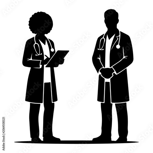 Two Doctors Silhouette Standing Together with Stethoscopes and Clipboard