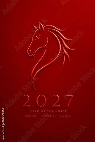 2027 Year of the Horse Minimalist Red Luxury Background with Elegant Horse Line Art