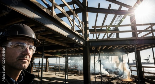 Construction Site Foreman Supervising Steel Framework Construction Project
