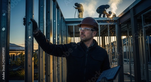 Construction Site Supervisor Overseeing Metal Frame Installation As Welders Work