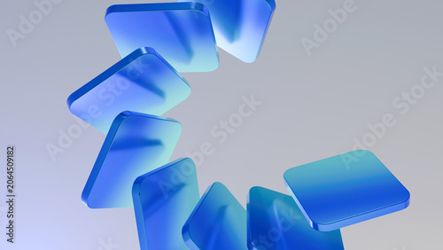Fotografie Abstract 3D render of floating blue rounded squares forming a spiral pattern on a grey background