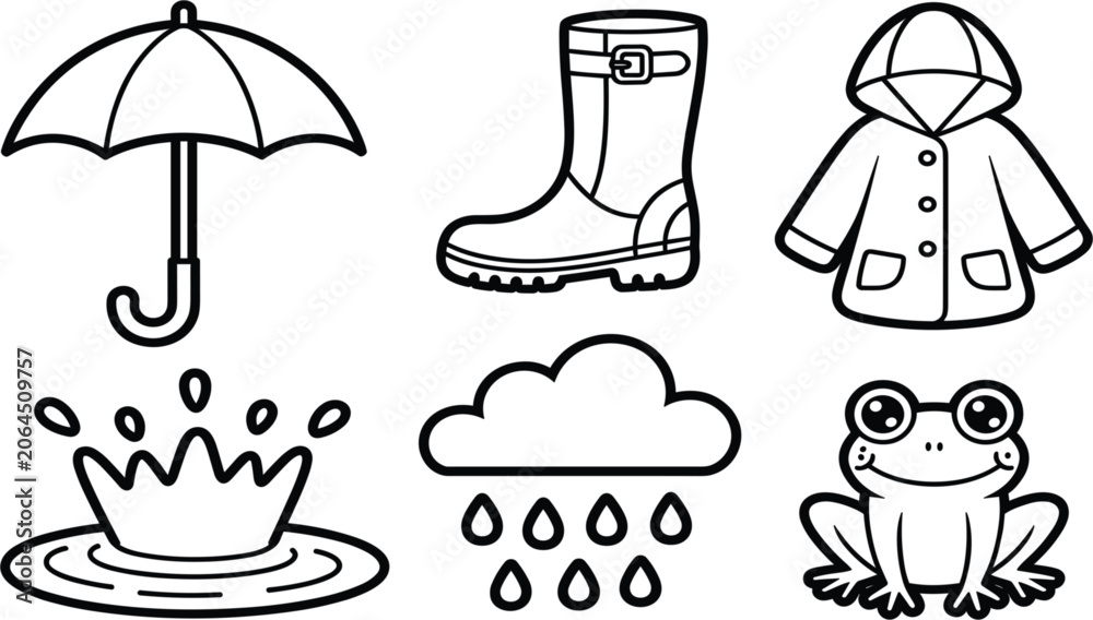 Obraz premium Rainy Weather Icons Collection, Umbrella Raincoat Boots Cloud Frog Vector Illustration Set for Seasonal Design