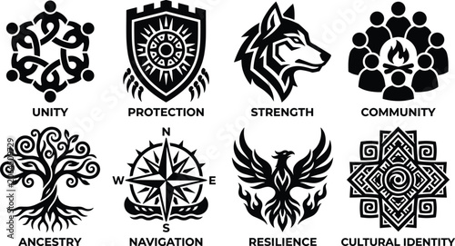 Fotografie Cultural Symbols and Heritage Emblems Silhouette Vector Icon Collection