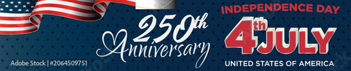USA 250th anniversary Independence Day header banner; 4th of July semiquincentennial horizontal web backdrop layout, wavy American flag t background vector illustration