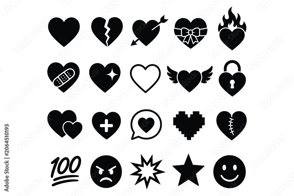 Fototapeta premium Various heart shapes and romantic love symbols collection with silhouette bandages collection valentines relationship elements decorative romantic