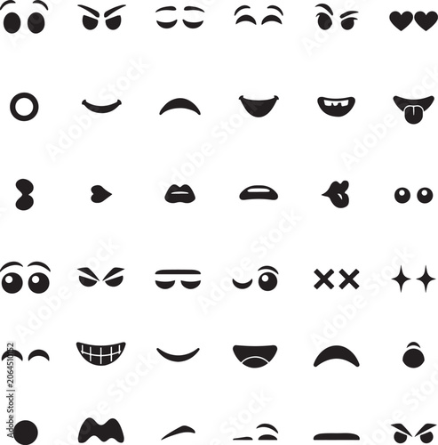 Vector Face Expression Elements Set with Cartoon Eyes, Eyebrows, Mouths and Emoji Features. Cute Facial Parts Collection for Character Creator, Avatar Design, Stickers, Comics, Animation and Graphic D