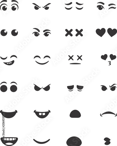 Vector Face Expression Elements Set with Cartoon Eyes, Eyebrows, Mouths and Emoji Features. Cute Facial Parts Collection for Character Creator, Avatar Design, Stickers, Comics, Animation and Graphic D