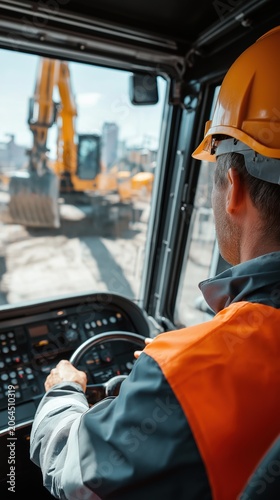 Construction worker operating excavator controls inside cabin, large construction site visible through windows, bright daylight illuminating heavy machinery and equipment