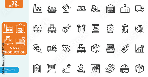 Mass Production Vector illustration line editable Icons set. Robot, productive, workflow, industrial, automation, collection. on white background.