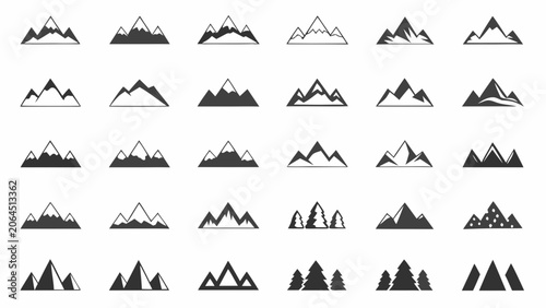 Obraz na plátně Collection Of Minimalist Mountain Silhouettes And Pine Tree Graphics Black On Wh