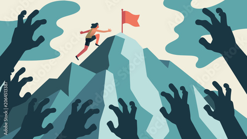 Billede på lærred Vector illustration depicting a person running up a mountain surrounded by reach