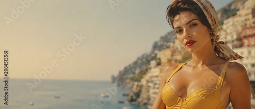 Beautiful elegant young woman in vintage retro Italian style with silk headscarf on sea resort coast