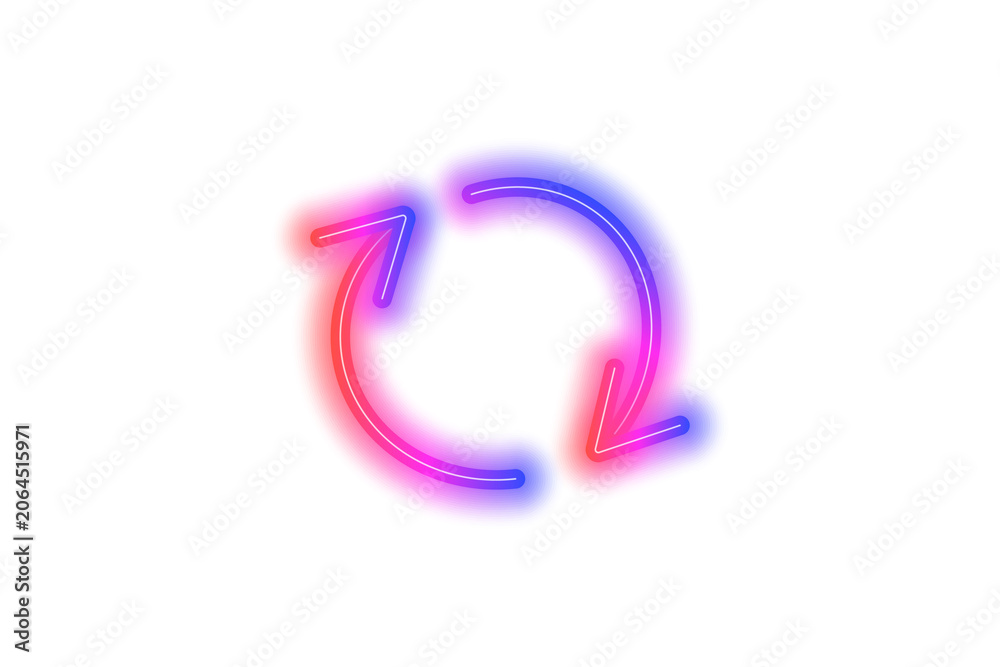 Fototapeta premium Circular multicolor neon gradient reload arrow. Glowing light sign for rotation and cycle
