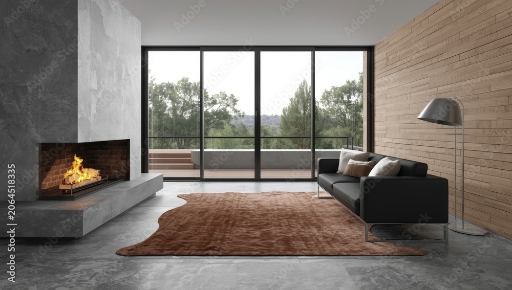Obraz premium Vertical image of contemporary modern living room with fireplace near leather sofa on concrete floor, skin carpet and glass wall background