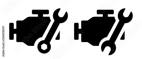 Engine repair. Engine and wrench. Vector black flat icons isolated on white background. Hand drawn.