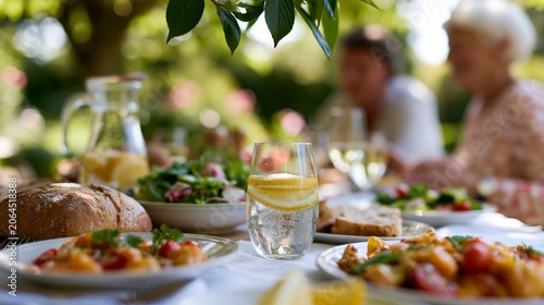 Alfresco summer lunch table featuring fresh salad, bread, and a glass of lemonade with lemon slices, surrounded by blurred figures enjoying the outdoor setting