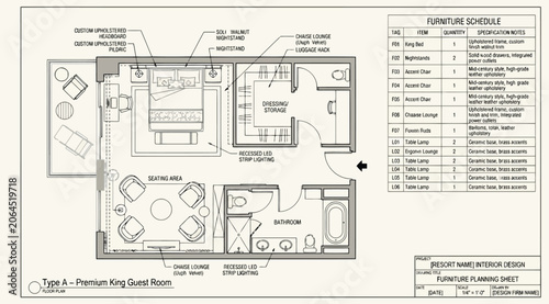 Fotografie Interior design furniture planning sheet for a premium king guest room