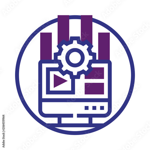 Data analytics icon laptop with graph and gear isolated on transparent background