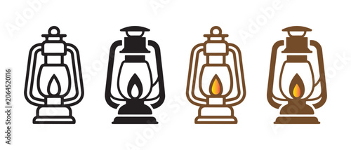 Fotografie Set of Vintage Oil Lantern Icons Featuring Classic Kerosene Lamp Designs in Minimalist Vector Style