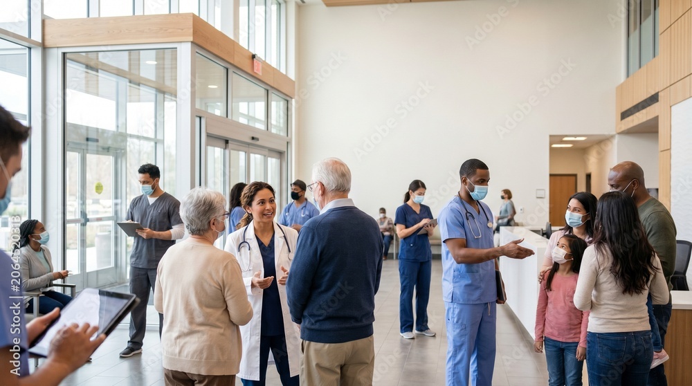 Obraz premium Diverse group of people interacting with medical professionals in a modern hospital lobby