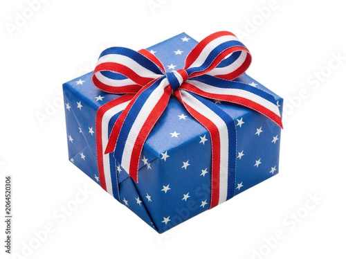 Blue gift box with a red white and blue striped ribbon isolated on transparent background