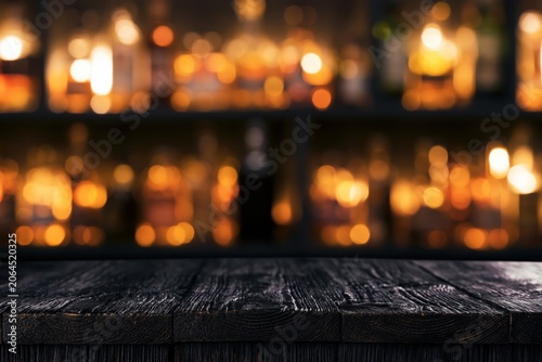 Dark Bar Counter Background With Warm Blurred Lights and Wooden Table