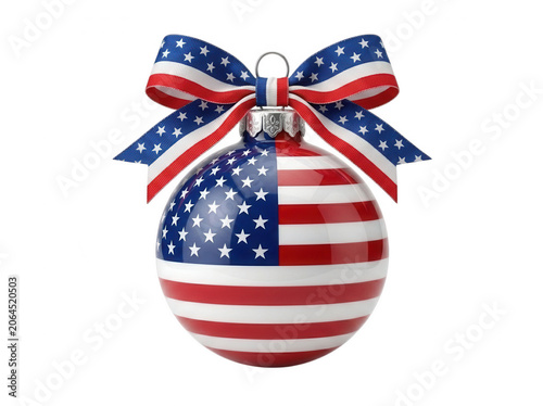 Christmas bauble ornament with usa flag pattern and bow isolated on transparent background
