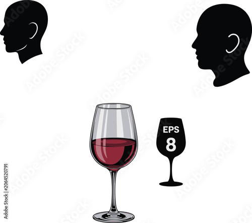 Billede på lærred Red wine glass icon set with human head profile silhouettes for tasting sommelie