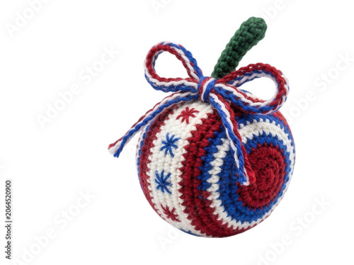Crocheted christmas ornament in red white and blue colors isolated on transparent background